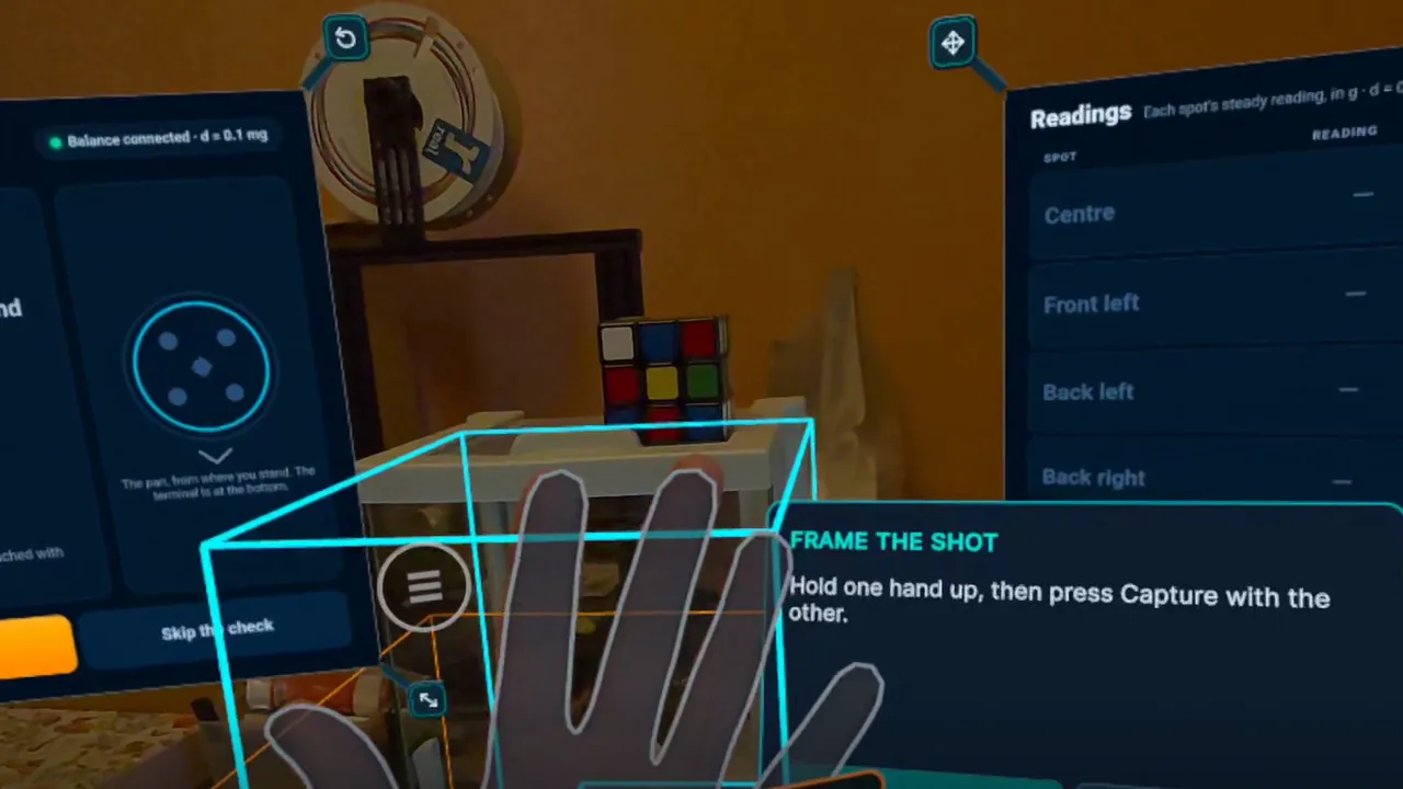 Headset view: a hand held up for the glove photo, with the instruction to press Capture